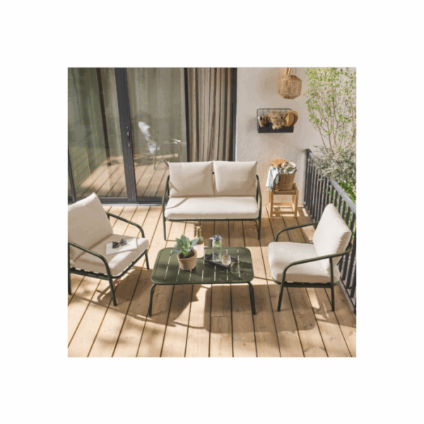 Salon de jardin en métal 4 places kaki. coussins beige. design épuré – Image 3