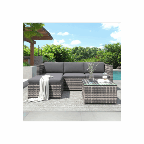 Salon de jardin en résine tressée – Canapé d’angle extérieur avec table basse – 4 places – Gris – Image 2