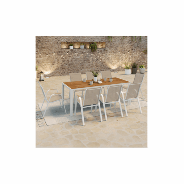 Salon de jardin NOUMEA table 190 cm plateau verre trempé effet bois et 8 chaises empilables blanc et bois – Image 2