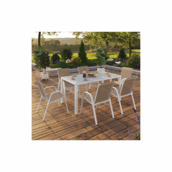 Salon de jardin MADRID table 150 CM et 6 chaises empilables blanc et beige – Image 2