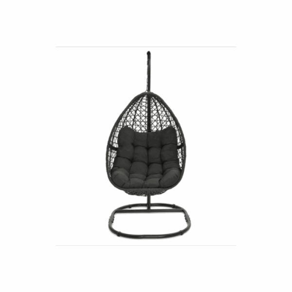 Fauteuil lune suspendu ajouré effet rotin avec coussin gris – Image 3