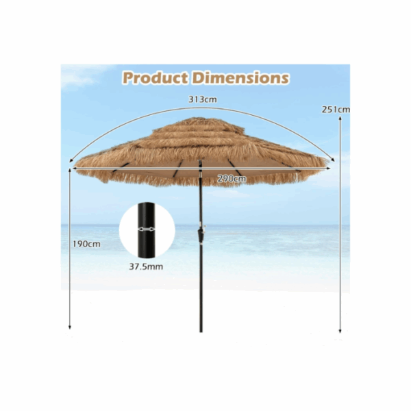 3M Parasol en Paille PE avec 32 LED Solaires, Parasol Hawaïen Tropical avec Double Toit Inclinable, 8 Baleines, 9 Couches, Manivelle, Anti-UV – Image 3
