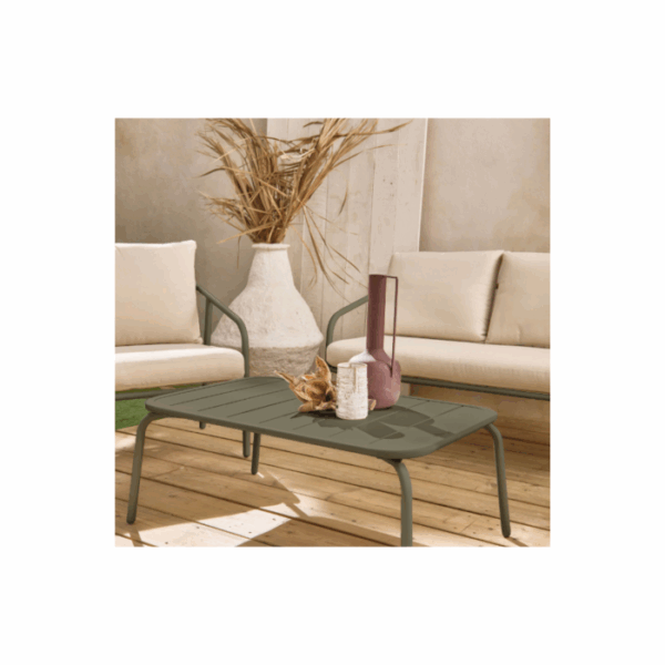 Salon de jardin en métal 4 places kaki. coussins beige. design épuré – Image 2