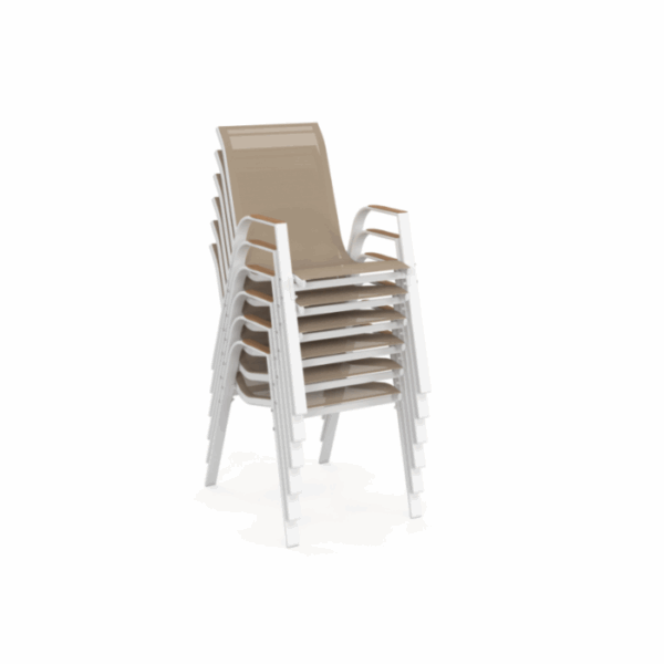 Salon de jardin NOUMEA table 190 cm plateau verre trempé effet bois et 8 chaises empilables blanc et bois – Image 3