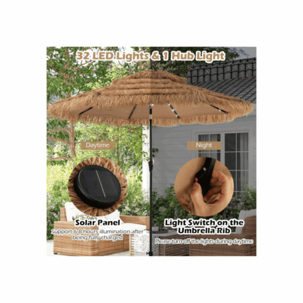 3M Parasol en Paille PE avec 32 LED Solaires, Parasol Hawaïen Tropical avec Double Toit Inclinable, 8 Baleines, 9 Couches, Manivelle, Anti-UV – Image 4