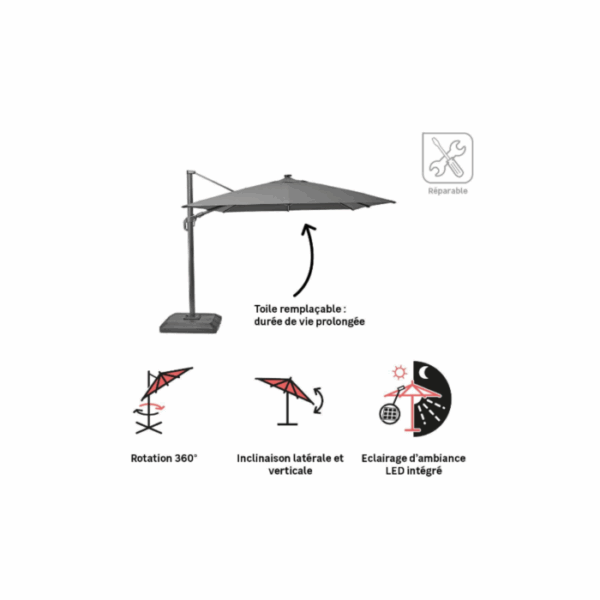 Parasol déporté NATERIAL Sonora gris rectangulaire, L.391 x l.282 cm – Image 4