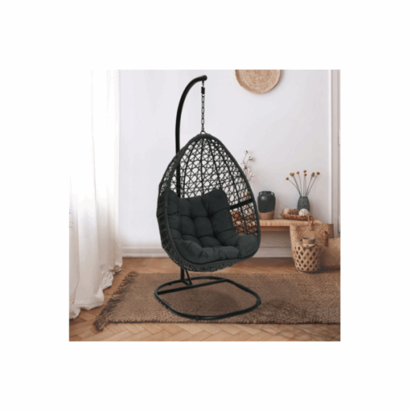 Fauteuil lune suspendu ajouré effet rotin avec coussin gris – Image 4