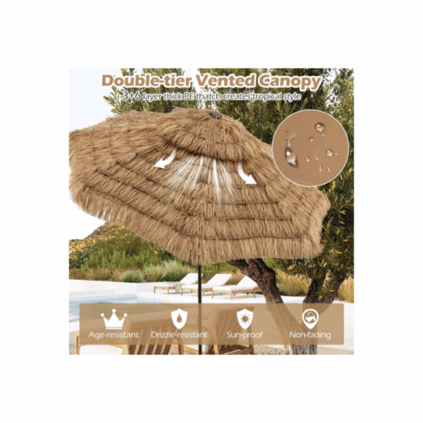 3M Parasol en Paille PE avec 32 LED Solaires, Parasol Hawaïen Tropical avec Double Toit Inclinable, 8 Baleines, 9 Couches, Manivelle, Anti-UV – Image 5