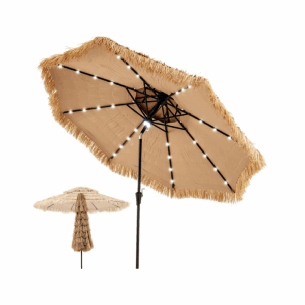 3M Parasol en Paille PE avec 32 LED Solaires, Parasol Hawaïen Tropical avec Double Toit Inclinable, 8 Baleines, 9 Couches, Manivelle, Anti-UV